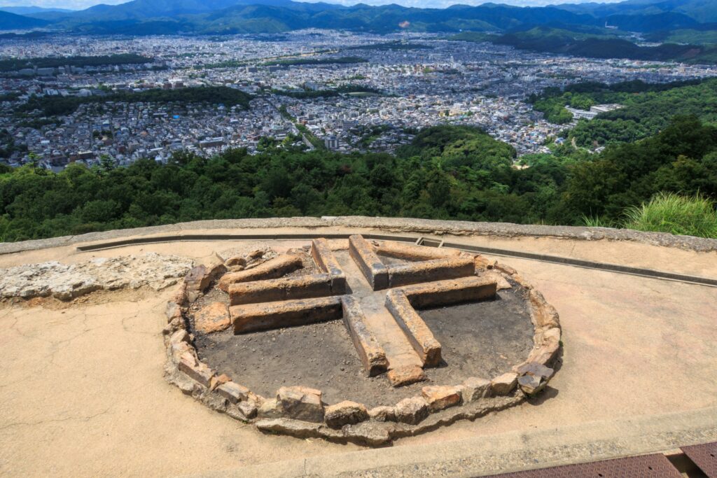 The stone fire bed of the Daimonji character on the mountainside above Kyoto