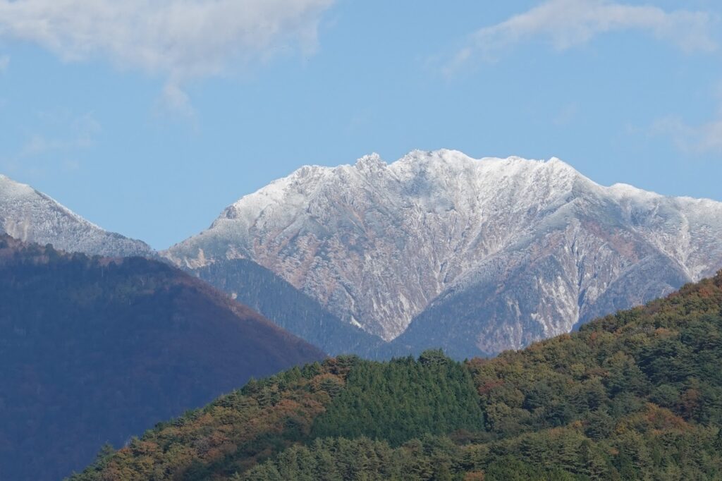 Snow-capped Mt. Ontake rising above forested ridges